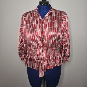 Mommates Red And White Patterned Poly Top With Elastic Tie Waist